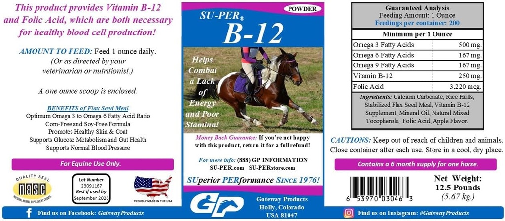 SU-PER B-12 Energy Horse Supplement - Equine Vitamins B-12 & B-9 Folic Acid Support Powder - 12.5 Pounds, 6 Month Supply