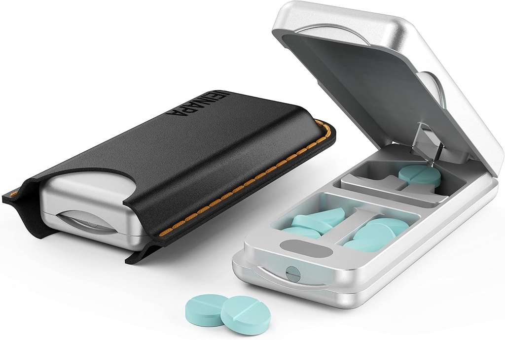 Pill Cutter con dispositivo de centralización automática, divisor de aluminio con cuchilla inoxidable 316L, caja de cuero genuino, Divisor de almohadilla profesional para cortar pequeñas o grandes píldoras (plata)