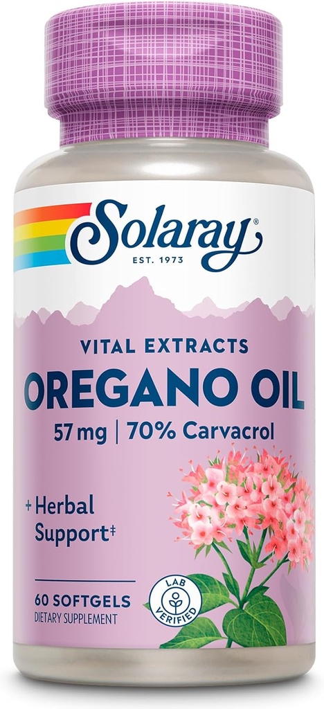 Aceite de orégano SOLARAY 57 mg - Aceite de orégano Softgels - Suplementos herbales para salud y bienestar general w / 70% Carvacrol - Base de aceite de oliva virgen extra, garantía de 60 días, 60 Serv, 60 Softgels