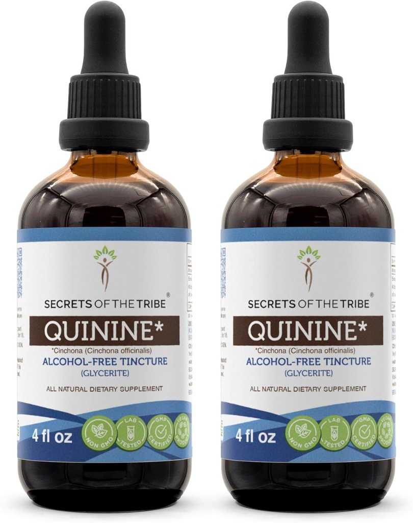 Secrets of the Tribe Quinine Alcohol-Free Tincture (Glycerite) 680 mg Wildcrafted Quinine (Cinchona officinalis) Dried Bark (2x4 Fl Oz)