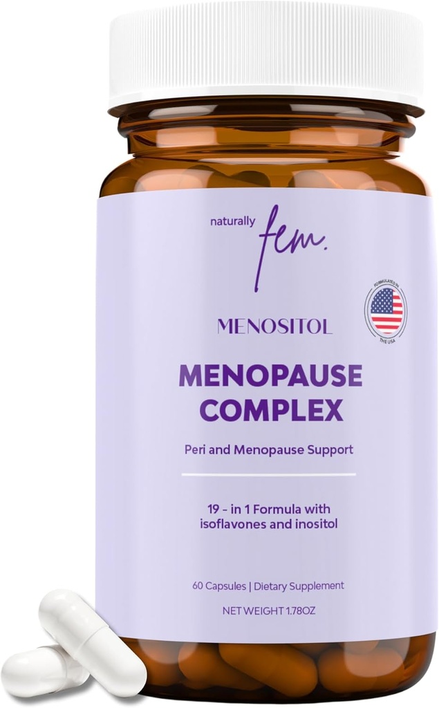 Inositol FEM Menositol 19-in-1 60Caps, Perimenopause &amp; Menopause Suplementos para Mujeres Pérdida de Peso con Myo-Inositol, D-chiro e Isoflavones, Control de Salud Metabólica, 100% Natural, Hormona, SoyFree