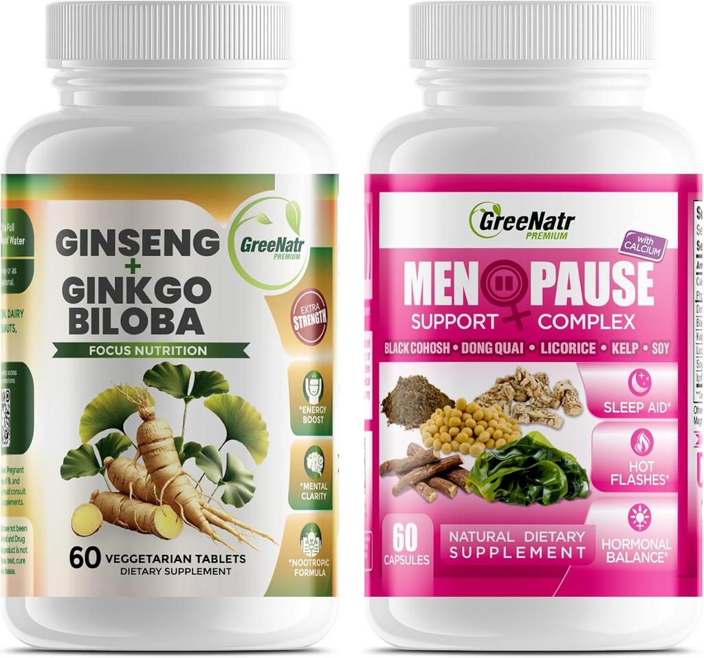 Soluciones óptimas de bienestar: Herbal Menopause Support and Ginseng + Ginkgo Biloba Energy " Brain Focus Booster for Men " Women