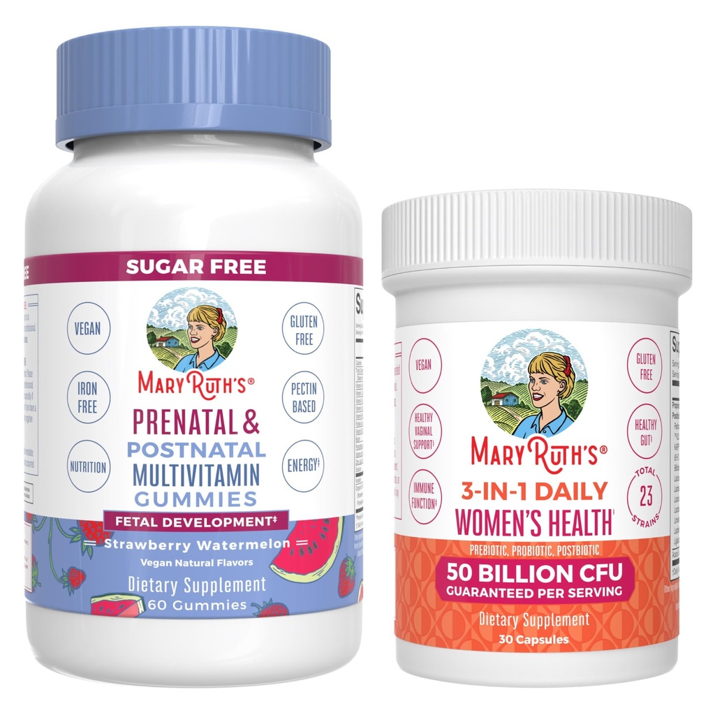 MaryRuth Organics Prenatal Postnatal Multivitamin Gummies (Strawberry) " Women's 3-in-1 Daily Probiotic Capsules ← Clean Label Project Verified® ← Breastfeeding " Gut Health TEN Vegan, Non-GMO