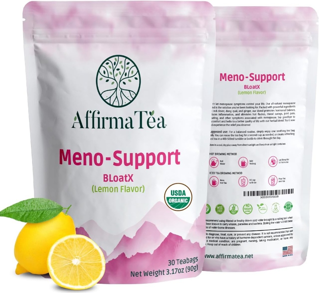Meno-Support BloatX Organic Menopause Relief: Balances &amp; Supports Hot Flashes, Hormonas, Moods Swings, Night Sweats, " Bloating with Black Cohosh, Red Clover " Dong Quai. Sabor de limón natural fresco.