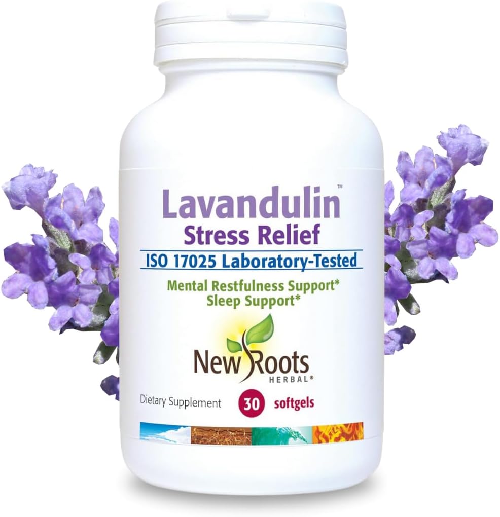 Nuevos Roots Lavandulin ← Lavender Suplemento Silencio Orgánica Lavender &amp; Vitamina E TENIDO Calm Stress &amp; Support Sleep (30 Softgels)