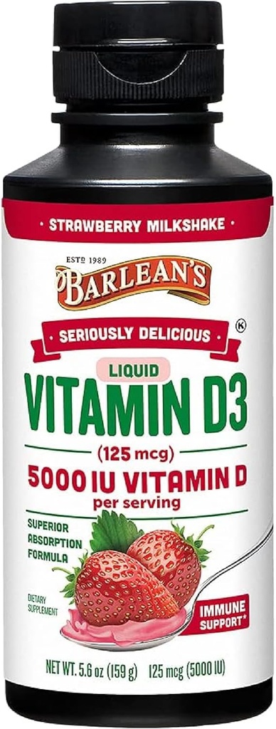 Vitamina Líquida de Barlean D, 5000 UI D3, Leche de Fresa Flavored for Kids and Adults, Maximum Absorption, Non-GMO, Gluten-Free - 5.6 oz
