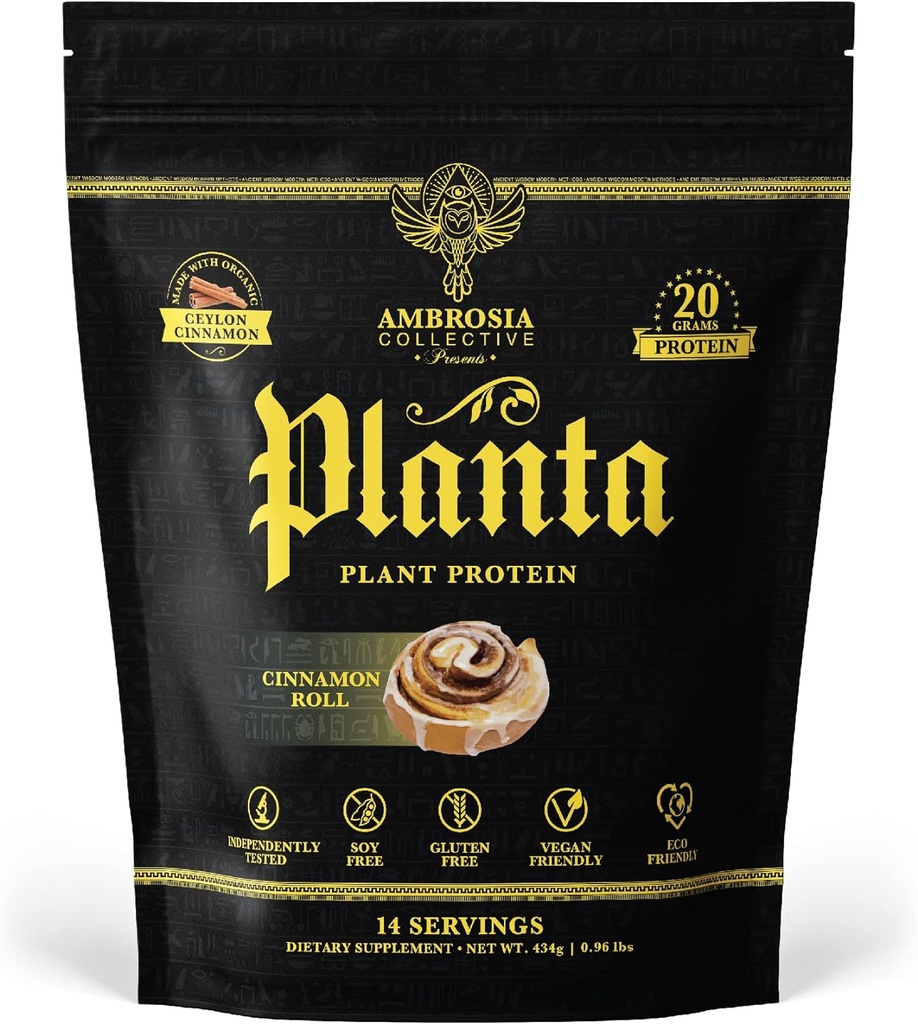 Ambrosia Planta - Premium Plant-Based Protein | Vegan & Keto Friendly | Gourmet Flavors with No Bloating or Stomach Upset | Gluten & Soy Free | No Added Sugar | 14 Servings | (Cinnamon Roll)
