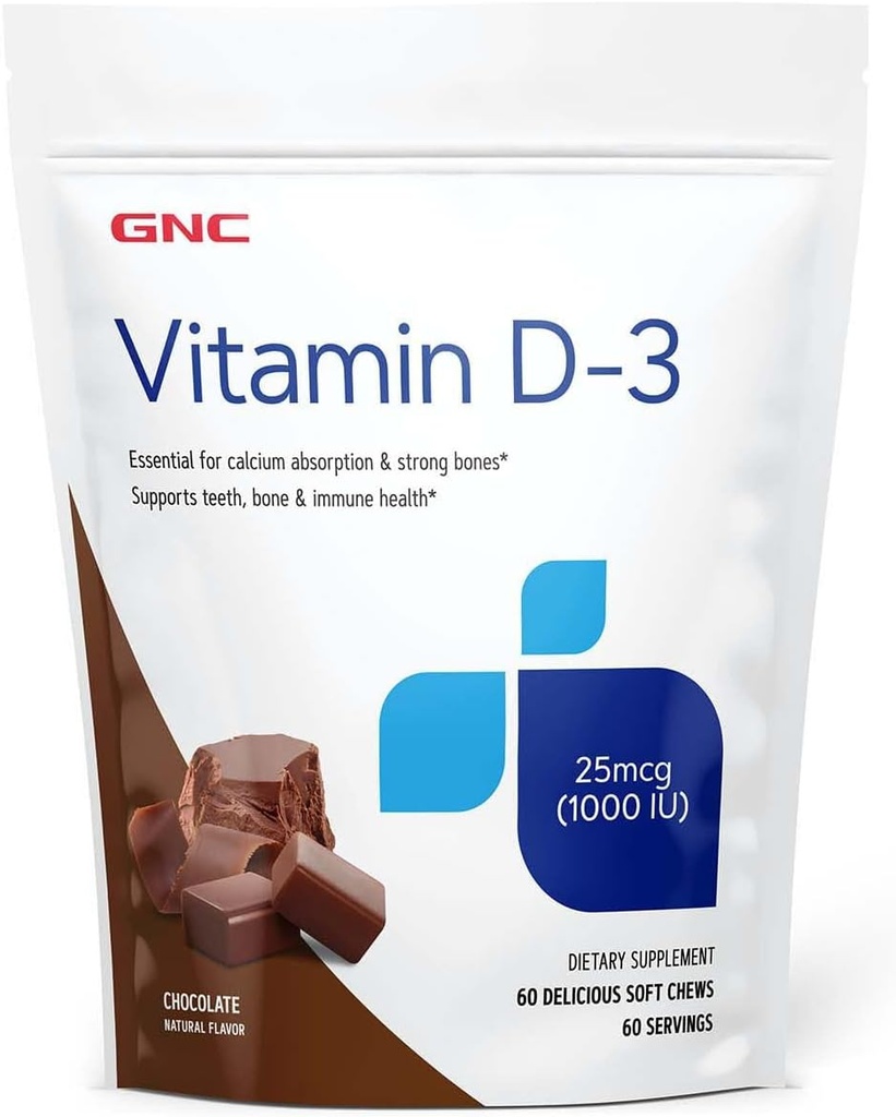 GNC Vitamin D-3 Soft Chews 1000IU - Chocolate | Provides 125% of The Daily Value of Vitamin D | 60 Soft Chews