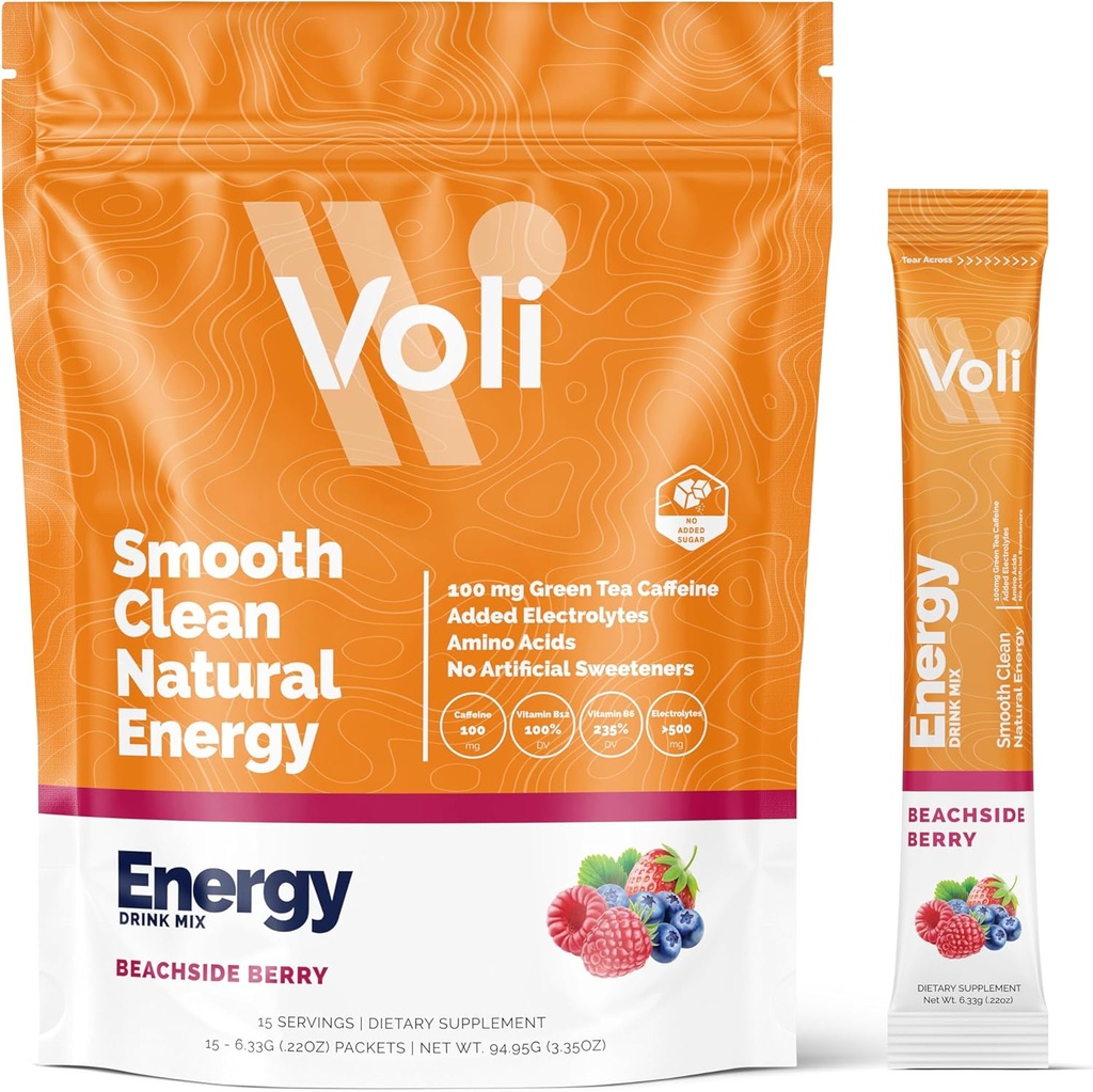 Voli Energy Drink Mix Packets Silencio Natural Pre-Workout Powder con Green Tea Caffeine &amp; B Vitaminas, Aminoácidos &amp; Electrolitos para el enfoque sustentado, hidratación &amp; energía limpia