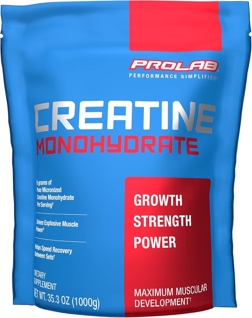ProLab Nutrition Creatine Monohydrate Micronized Powder 1000G, Pure Creatine for Muscle Strength, Power & Endurance, Fast Absorbing, Unflavored, 5000mg Por Serv (5g) (200 Servings)