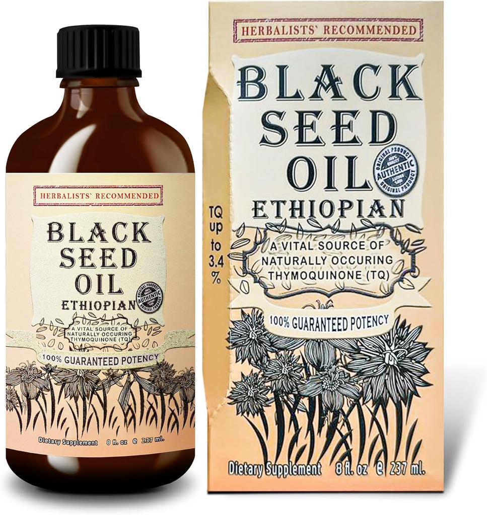 Black Seed Oil 8 oz - Cold Pressed Ethiopian Black Cumin Nigella Sativa, 3X Thymoquinone, 100% Puro " Organic Liquid in Glass Bottle - Supports Immune, Hair, and Skin Health