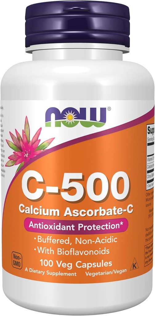 AHORA Suplementos de alimentos, vitamina C-500 Ascorbato de calcio, protección antioxidante*, 100 cápsulas de verduras