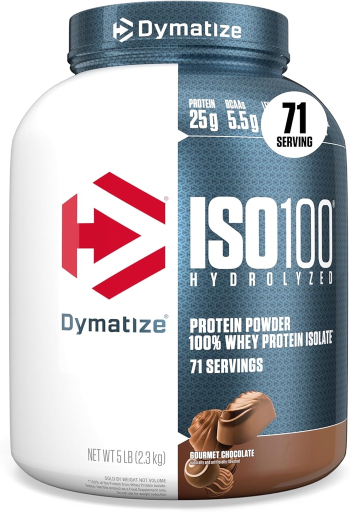 Dymatize ISO100 Whey Protein Powder Isolate, Gourmet Chocolate, 25g de Protein, 5 libras, 5.5g BCAAs, Menos Than 120 Cal., Gluten Free, 1g Fat, 1g Sugar, 2g Carb (71 Servings)