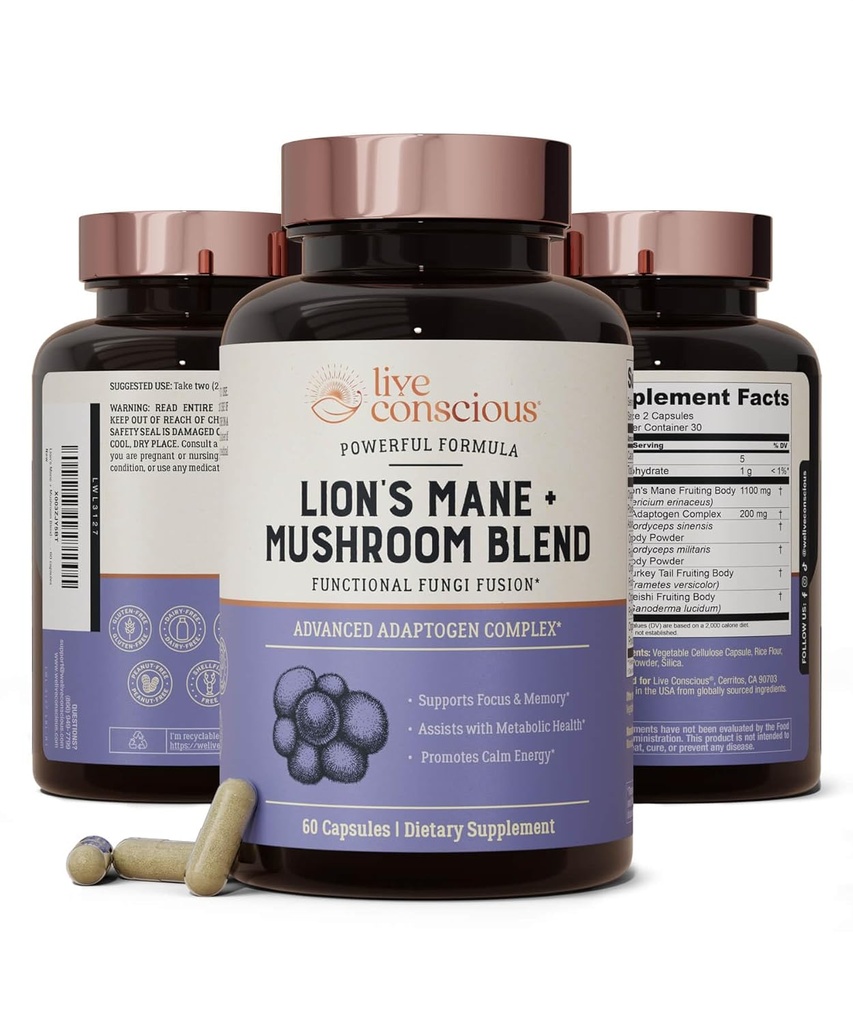 Live Conscious Lions Mane Mushroom Supplement Capsules for Brain Support w/Lion's Mane, Cordyceps, Reishi y Turquía Tail Mushrooms - Cognitive Memory Supplement for Brain