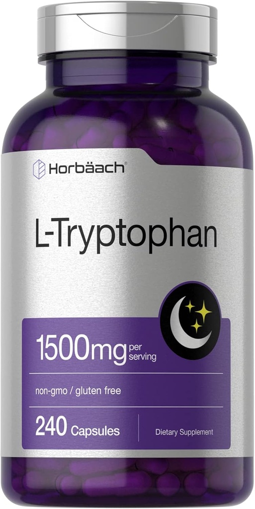 Horbäach L Tryptophan 1500mg Capsules Silencio 240 Cuenta Silencio Noche Fórmula Silencioso No GMO, Gluten Suplemento gratuito