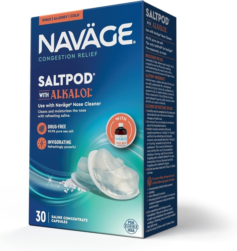 Navage SaltPod w/Alkalol 30 Pack (30 SaltPods) Salt Pod Refills Only - Exclusivamente diseñado sistema de riego nasal - Sinus Rinse y Alkalol Pods para el alivio rápido y calmante