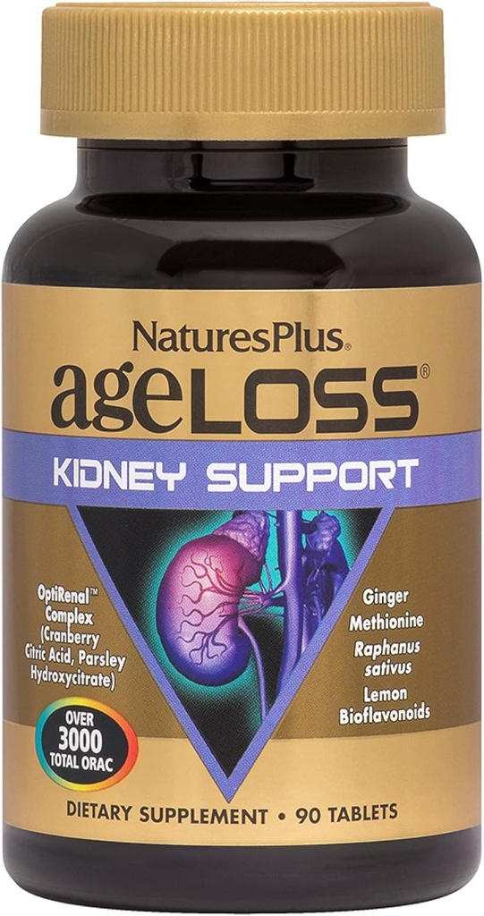 Natures Plus AgeLoss Kidney Support - 90 Tablets - con vitamina D3 &amp; Magnesio - Vegetariano, Gluten Gratis - 30 Servimientos