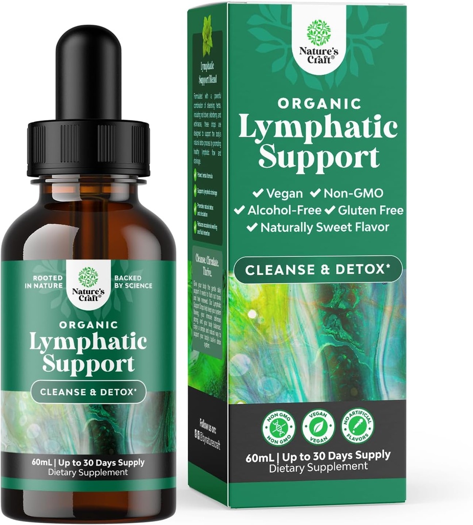 Certified Organic Lymphatic Drainage Drops - Herbal Limphatic Cleanse and Immune Support Suplemento con Echinacea Goldenseal &amp; Red Clover Extracto - Vegan Non GMO Alcohol y azúcar Gratis - 30 Servings
