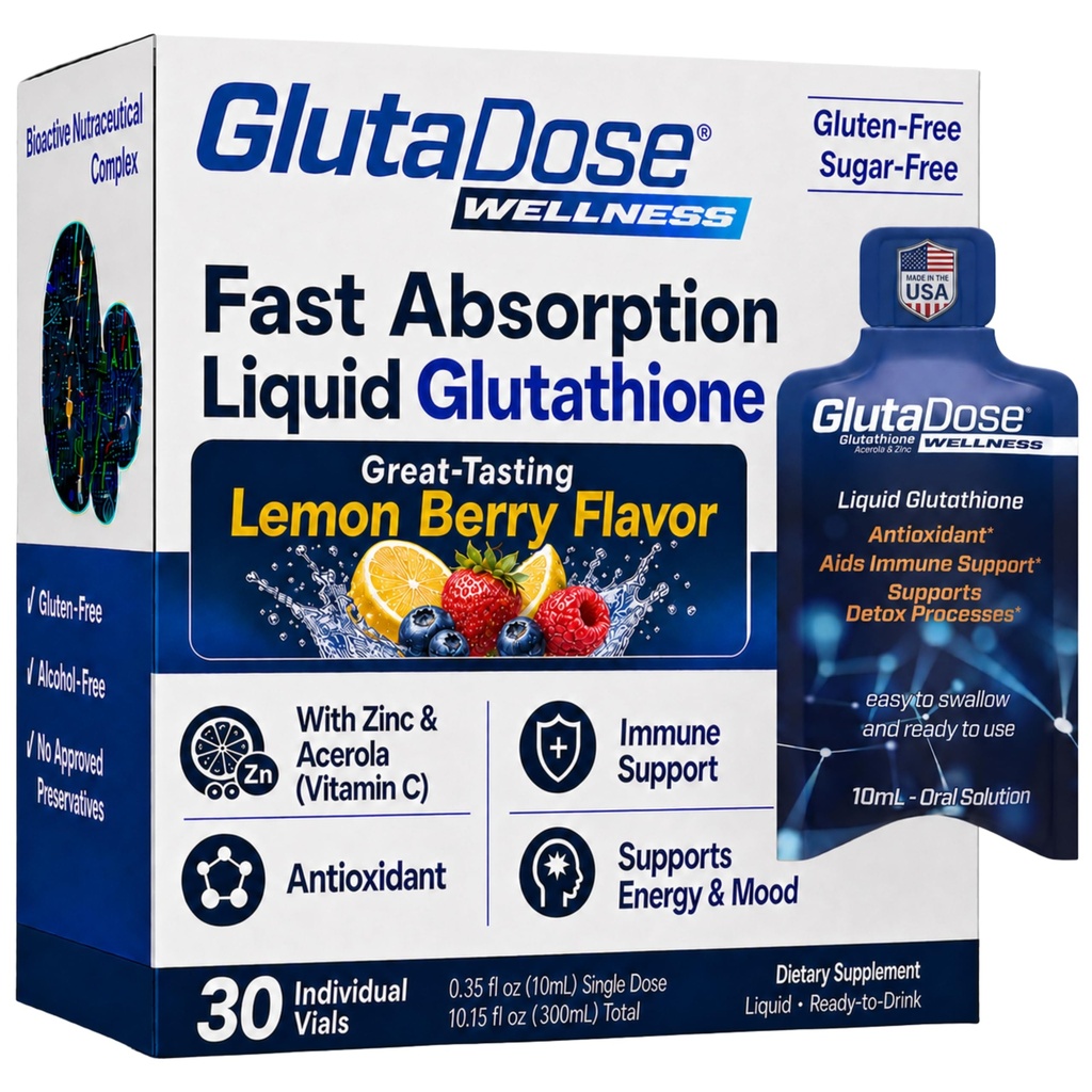 Glutatión líquido suplemento, Lemon Berry Flavored Acerola Energy Booster w/Zinc, Vitaminas diarias & minerales, Zero Sugar Formulation, Todos los días Auto-Inmune Support for Adults, 0.34 fl oz, Pack de 30