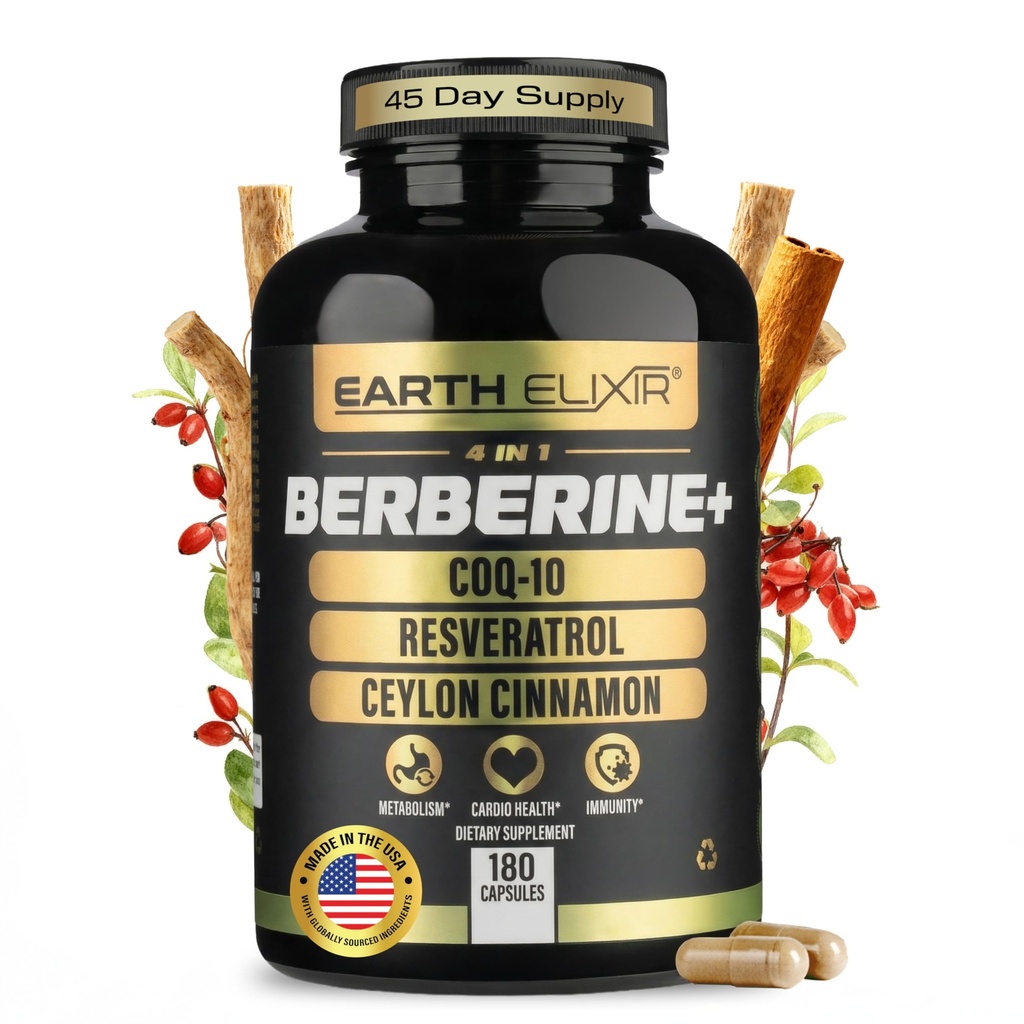 Elixir 4-en-1 Suplemento de Berberina – Berberina orgánica con canela de Ceylán, Ubiquinol CoQ10 y Polvo de Resveratrol – Apoyo energético metabólico y celular, 180 cápsulas veganos