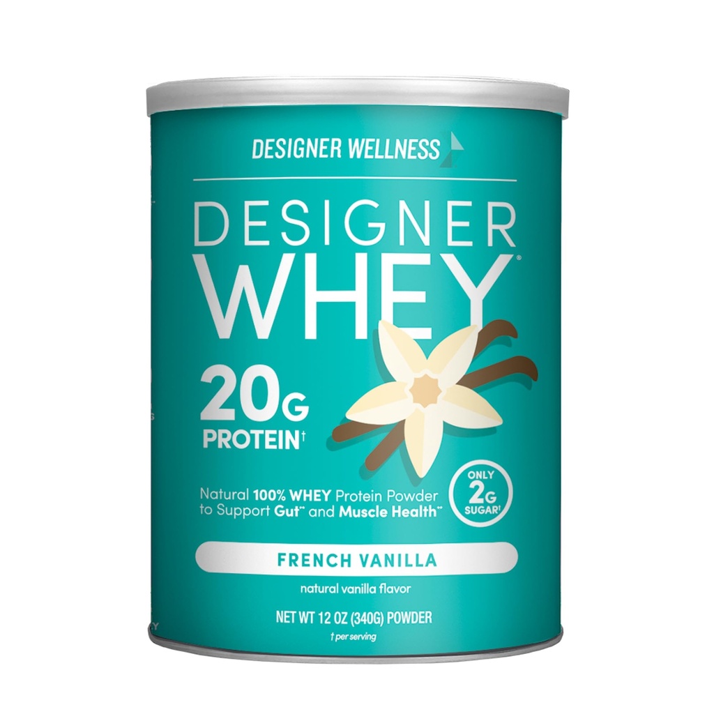 Diseñador de Wellness Whey Natural 100% Whey Protein Powder con Probióticos, Fibra y Clave B-Vitamins for Energy, Gluten-Free, Non-GMO, French Vanilla 12 oz