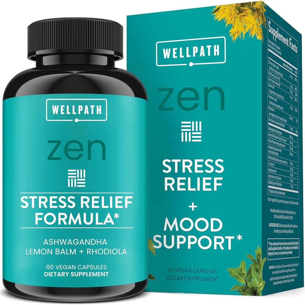WellPath Zen Stress Relief Supplement + Mood Support Silencio, Estrés &amp; Energy Support Silencio Ashwagandha Root, Rhodiola Rosea, L-Theanine, Lemon Balm ← Herbal Capsules, 60 Ct