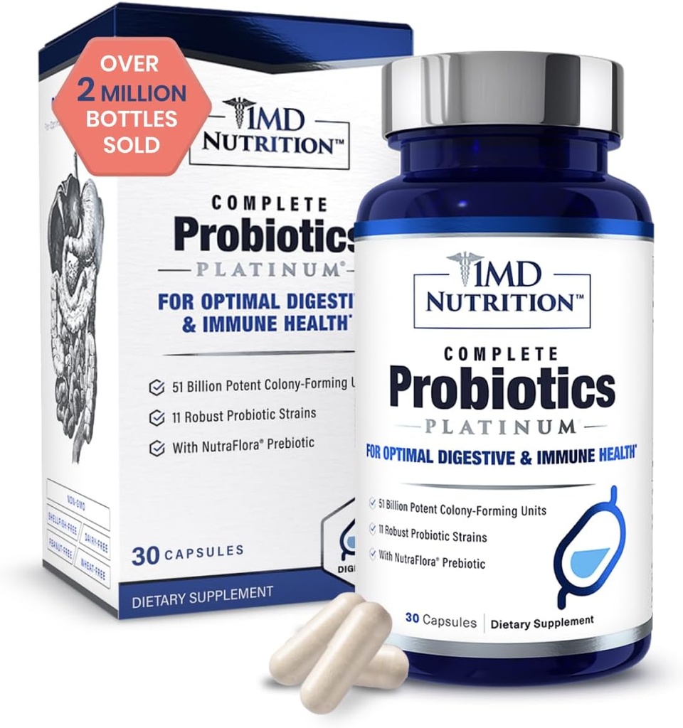 1MD Nutrición Probióticos Completos Platinum - w / Prebióticos y Probióticos para la Salud Digestiva - Suplemento Probiótico para Hombres Mujeres - Más de 50 Billones Live CFU 11 Strains Dairy-Free - 30 Caps