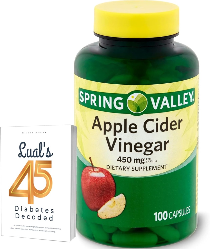 Apple Sider Vinegar 450mg. Spring Valley Apple Sider Vinegar Capsules 450 mg 100 Conde, No GMO, Gluten Suplemento gratuito Bundle con Luall 45 Diabetes Decodificado