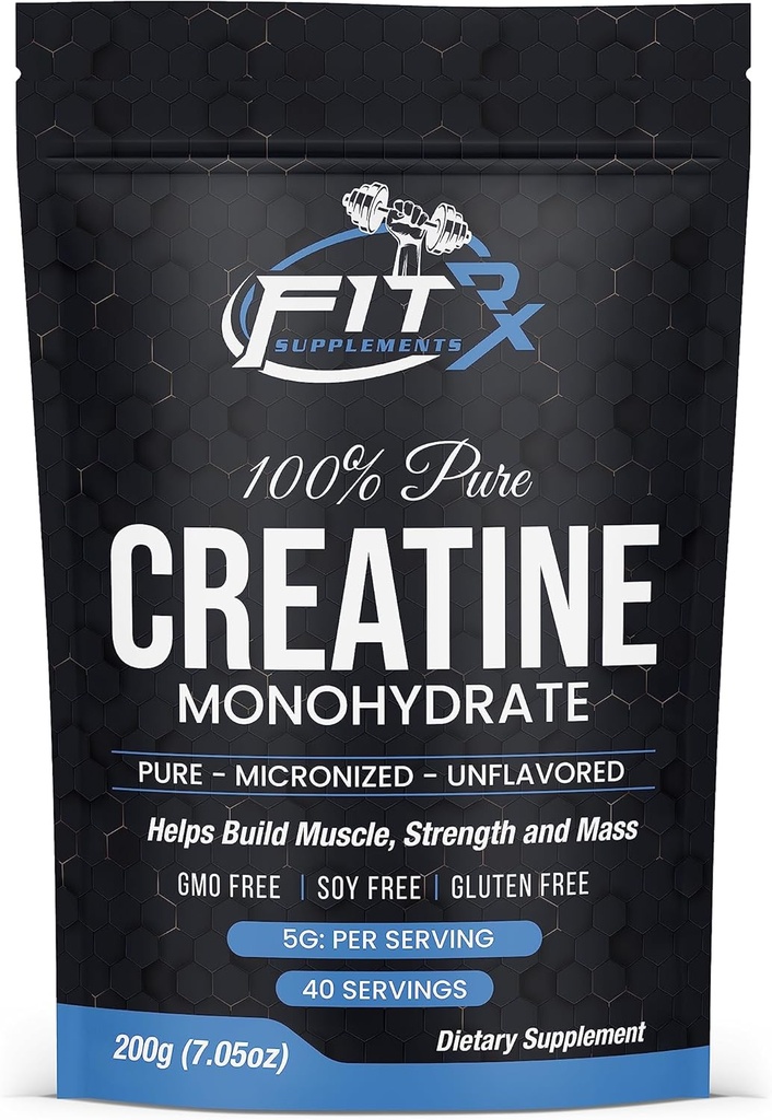 FITRxSupplements.com Pure Creatine Monohydrate Powder - Zero Añadido Ingredientes - Sin Calories, 5g por Serving, Desflavored 40 Servings, 200g, Quick Dissolve