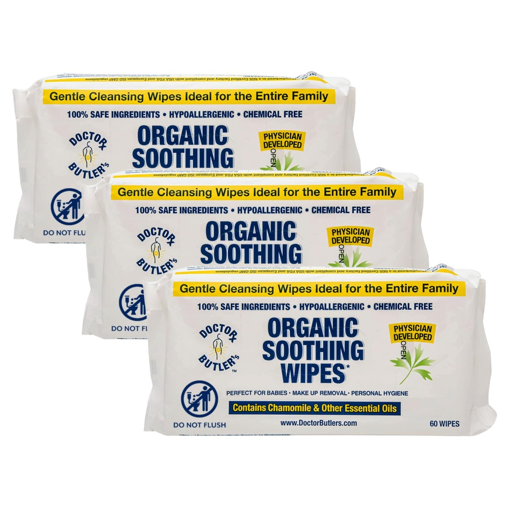 Wipes relajantes del doctor Butler – Wipes húmedos de todo el cuerpo para la piel sensible, las formas faciales y las formas de bebé con manzanilla y aceites esenciales* (3 Pack – 60 Cuenta)