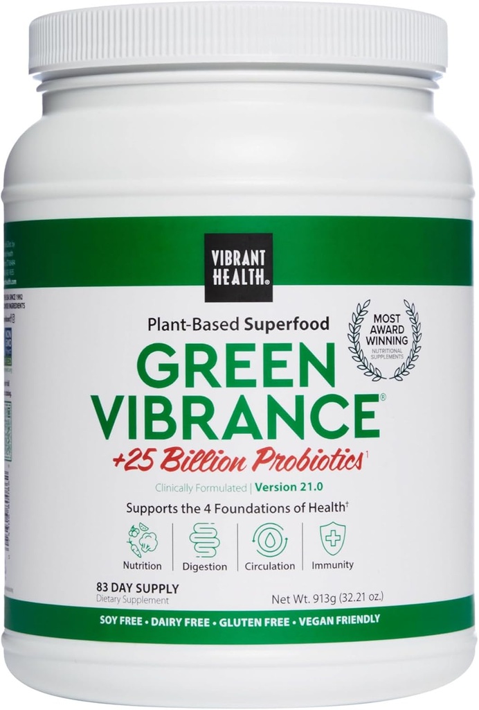 Vibrant Health, Green Vibrance, Incluye 65 Superfoods de base vegetal, 25 Probióticos de billón, fibra, adaptógenos " Enzymes, 83 Servidores