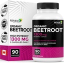 Renew Actives Organic Beetroot Suplemento 1300MG por 2 cápsulas - Pure Beetroot Powder for Circulation, Natural Energy, " Antioxidant Benefits - High-Potency Superfood, Made in Canada - 90 cápsulas