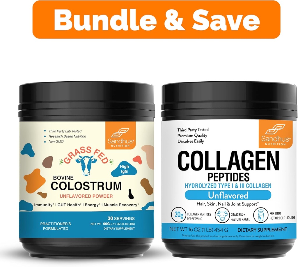 Sandhu's Pure Bovine Colostrum Powder Supplement for Humans & Collagen Peptides Powder| Immune, Hair, Skin, Nail and Joint Health Support| Non-GMO