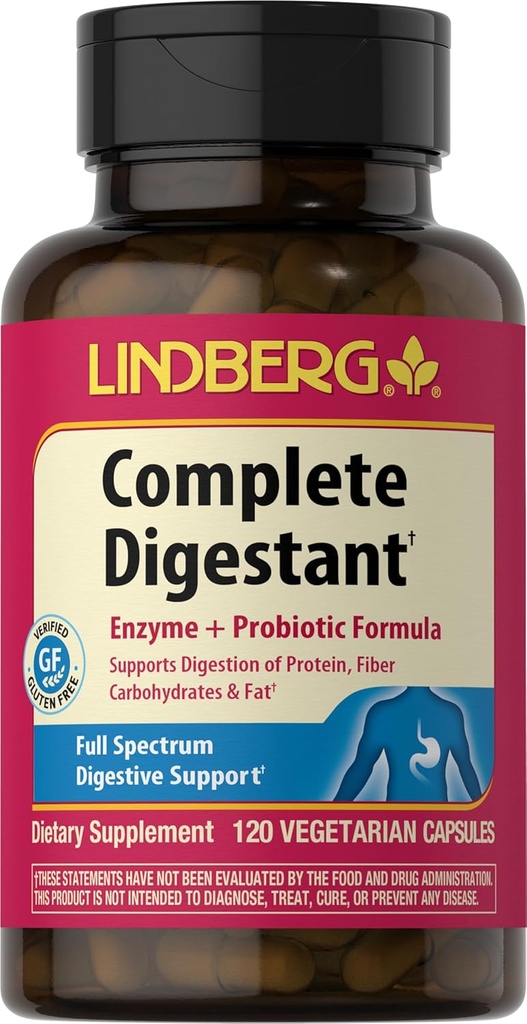 Lindberg Full Digestant Multi-Enzyme Formula con Pancreatin y Betain Hydrochloride, 120 Capsules
