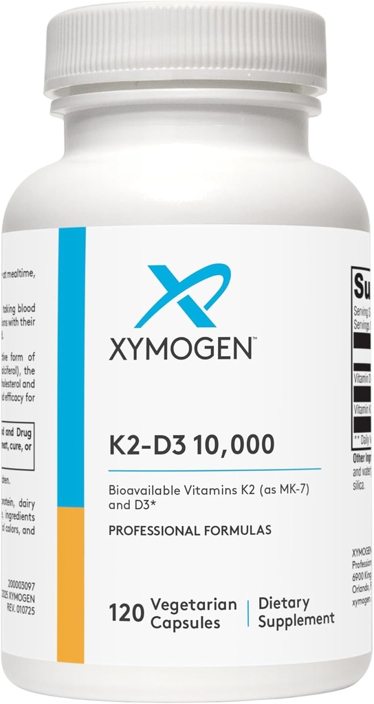 XYMOGEN K2-D3 10000 - Vitamina D3 K2 - Vitamina Bioavailable D 10,000 UI (Cholecalciferol) con MK-7 - Corazón, Arterial, Bone Health + Suplemento de Apoyo Inmuno (120 cápsulas)
