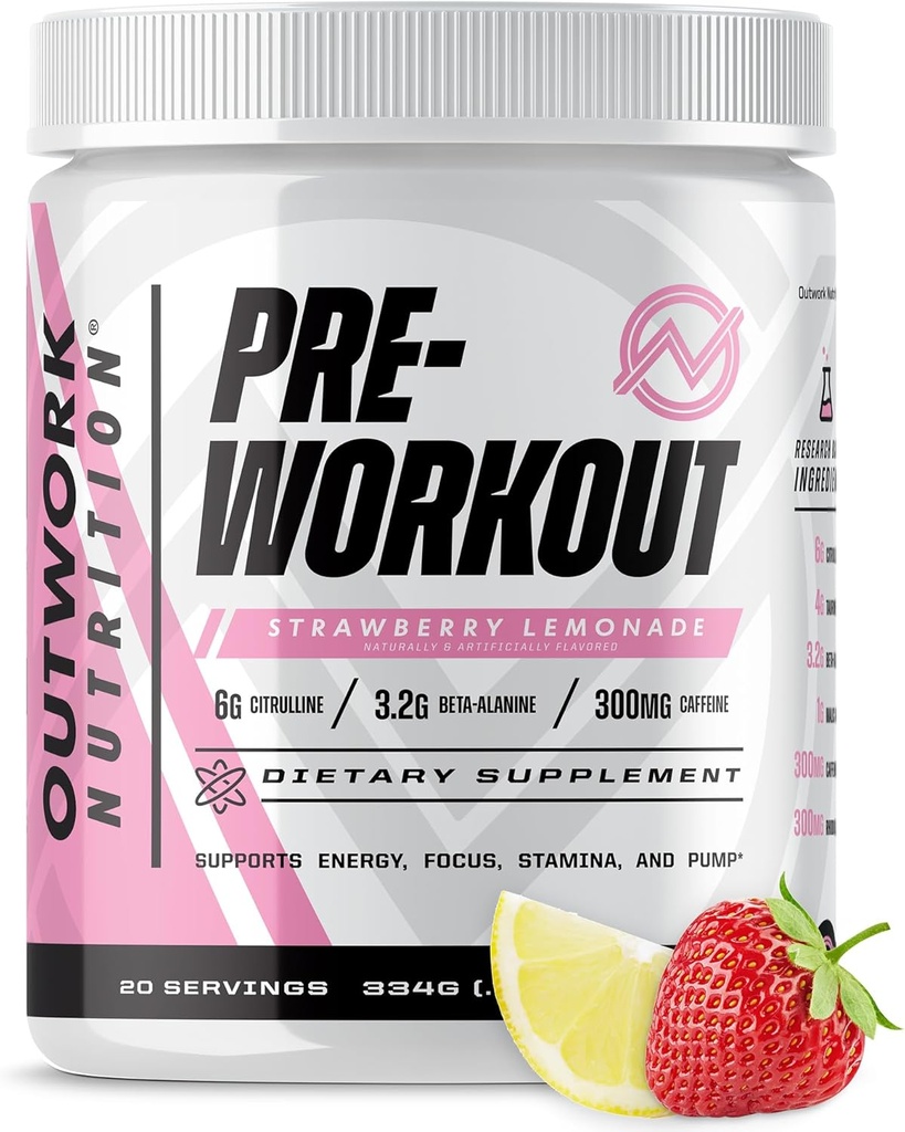 Outwork Nutrition Preworkout for Men & Women - Nootropic Pre Workout Without Creatine, Pre-Workout Powder with Taurine Rhodiola Citrulline Malate Beta Alanine Caffeine (Strawberry Lemonade)