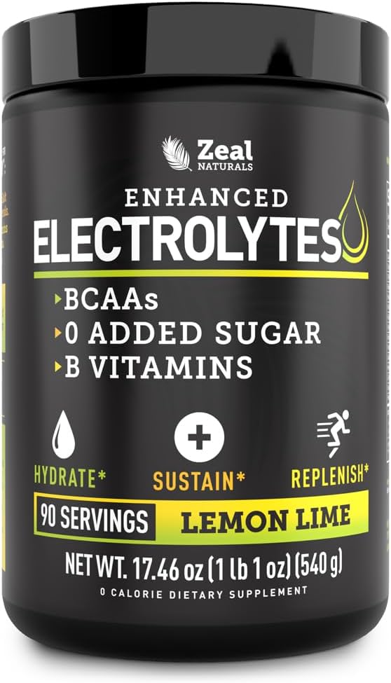 Zeal Naturals Electrolyte Powder Recovery Drink (90 Servings ← Lemon Lime) w 0 Sugar +BCAAs +B-Vitamins Electrolyte Suplemento w Potassium Zinc &amp; Magnesium for Hydration - Keto Electrolytes