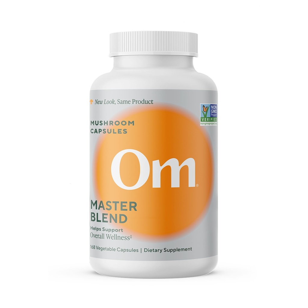 OM Master Blend Mushroom Capsules - Suplemento Orgánica de Mushroom con 10 Mushrooms y Ashwagandha - Apoyo a la inmunidad, Gut Health & Stress Relief, 168 Conde (56 Servimientos)