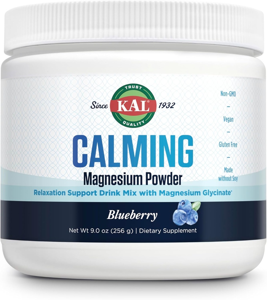 KAL calmante de la pólvora de magnesio - Blueberry Flavor suplemento de magnesio - alta absorción, apoyo a la relajación, no Añadido el azúcar, Vegan, Gluten libre, hecho sin soy - 40 servidos, 9 oz