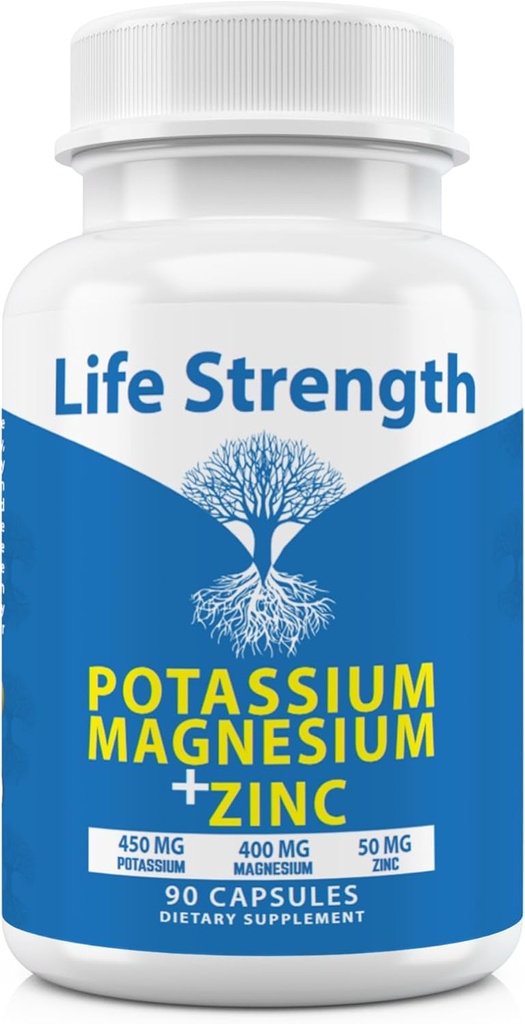 Suplementos de Potasio de Magnesio de Fuerza de Vida + Cápsulas de Zinc 90 para la Salud Vascular – Alta Absorción Vegana, Ingredientes Naturales Suplemento para Cánceres Legislativos y Dormir