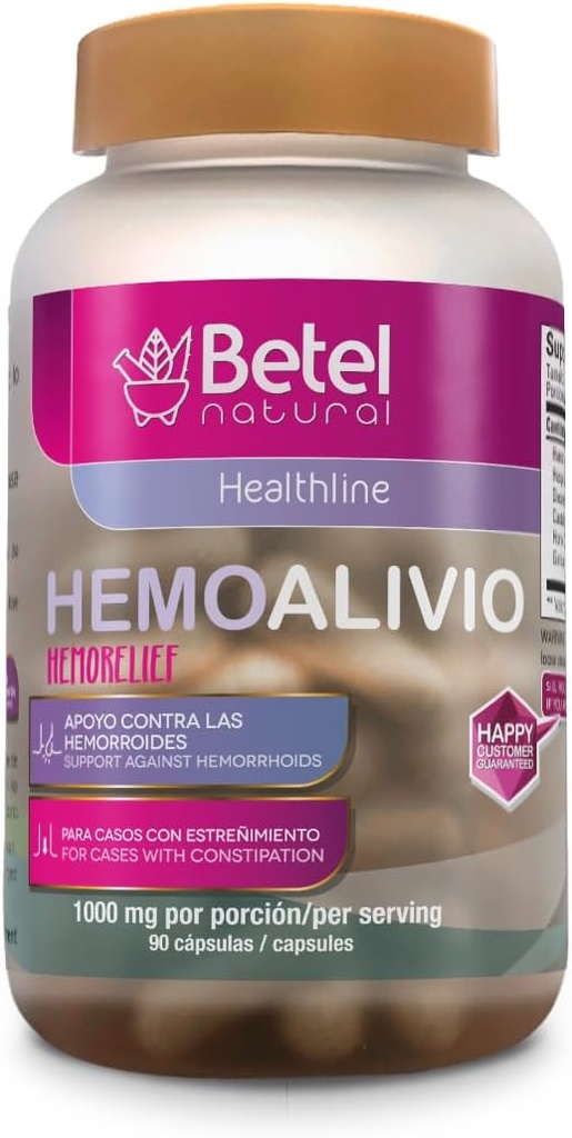 Betel Natural Premium HemoAlivio Rosita - Hemorrhoid and Constipation Support - 1000 mg - 90 cápsulas