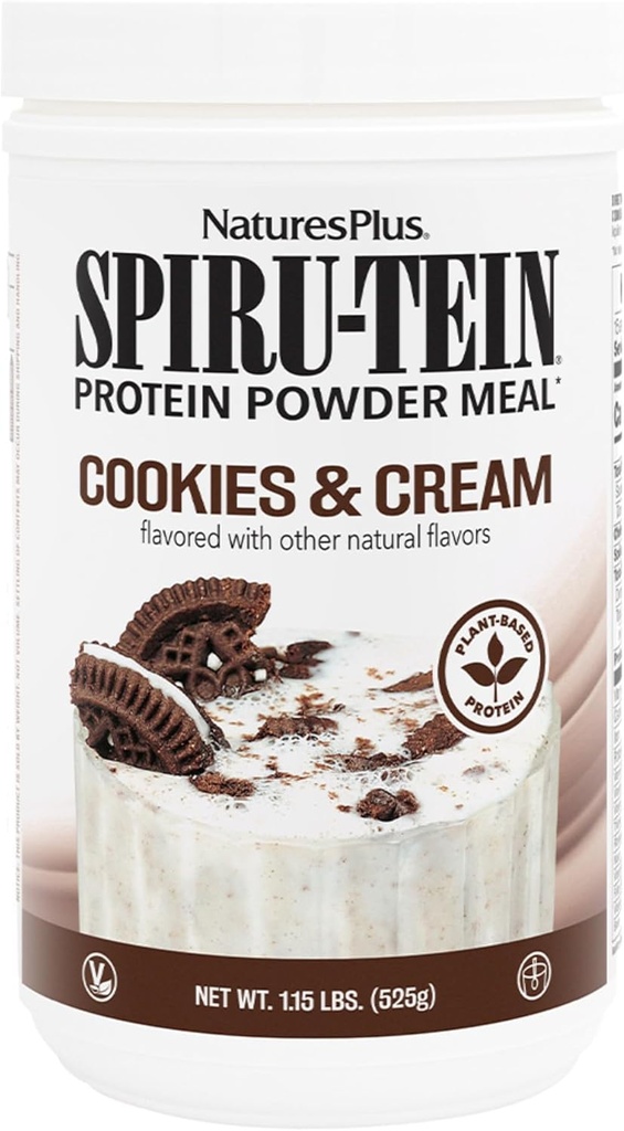 NaturesPlus SPIRU-TEIN Shake - Cookies &amp; Crema - 1.15 lbs, Spirulina Protein Powder - Reemplazo de la Mealla Basada en Plantas, Vitaminas &amp; Minerales Para Energía - Vegetariano - 15 Servimientos