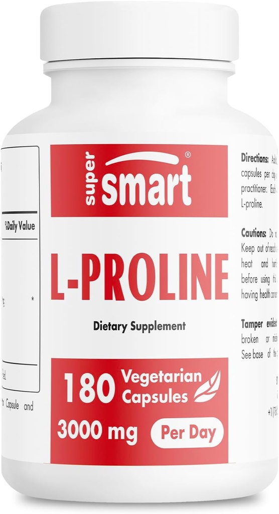 Supersmart - L-Proline 3000mg por día (High Strength) - Normal Collagen Production - Amino Acid Proline Supplement ← Non-GMO & Gluten Free - 180 Vegetarian Capsules