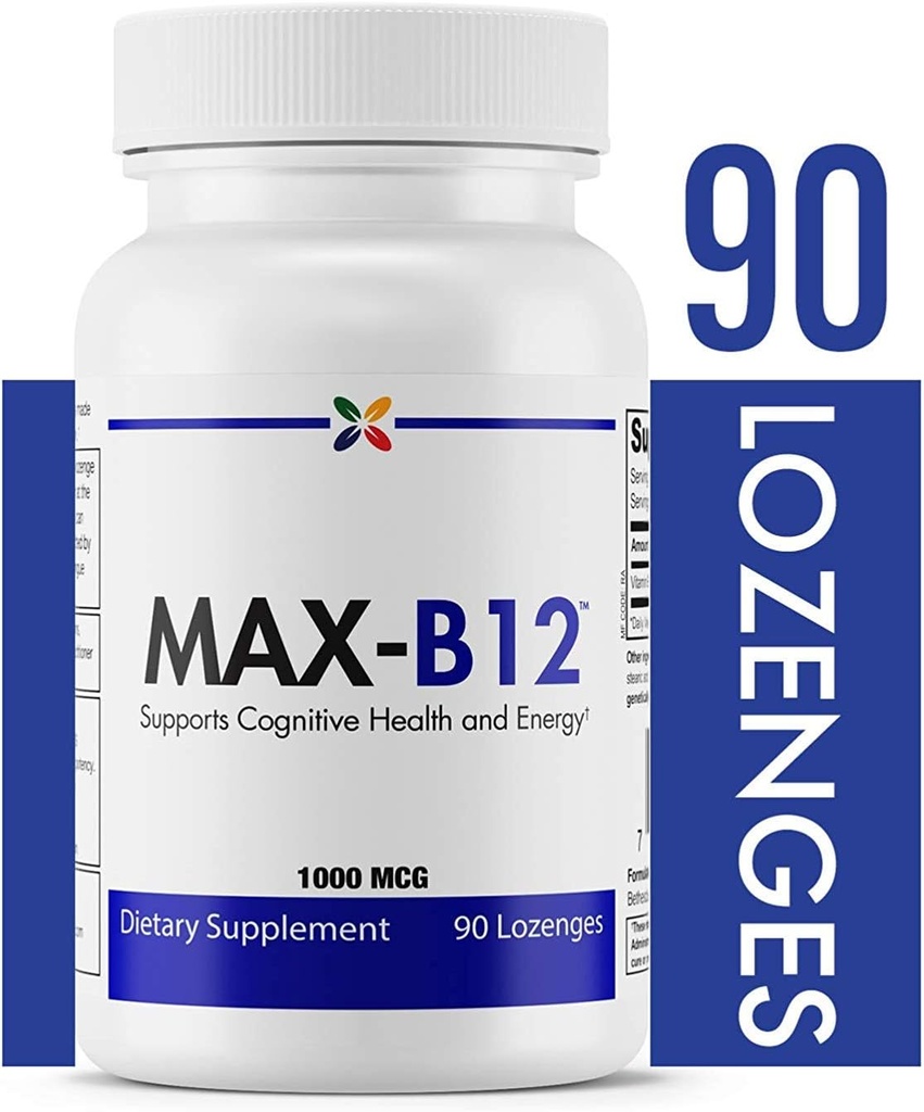 Stop Aging Now - MAX-B12 Lozenges 1000 MCG - Vitamina B12 1000mcg - Apoyo Inmunitario, Energía Natural y Apoyo al Cerebro Suplemento - Apoyos Regulación del Alivio del Estrés - Asistencia Natural para el sueño - 90 Lozenges
