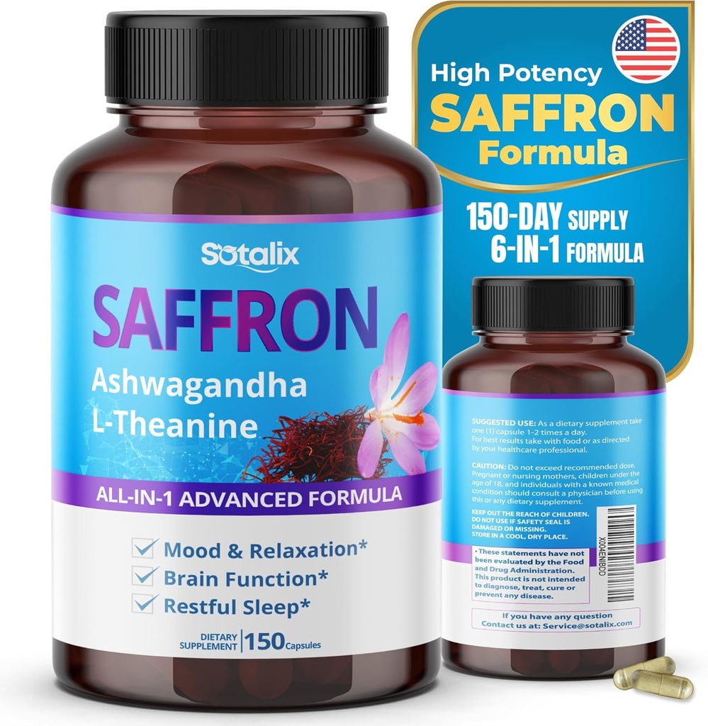 Saffron con Ashwagandha, Ginseng, L-Theanine, Relax, Restore - USA Hecho " Tested (150 días de suministro (Pack of 1))