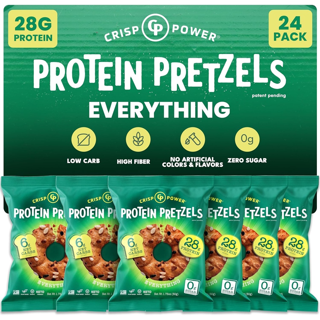 Crisp Power Protein Pretzels, Everything, High Protein Vegan Keto Snack, 28 G Planta de Proteína Basada, Low Carb Crunchy Pretzel Snacks, Sugar Gratis, Sin Semillas Aceites, 1,75 bolsas oz, 24 Pack