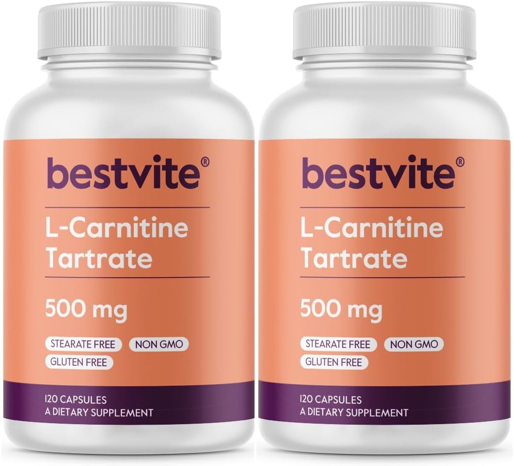 BESTVITE L-Carnitine Tartrate 500mg por cápsula (240 cápsulas)(120x2) - No Stearates - No GMO - Gluten Gratis