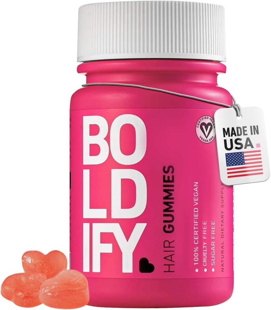 Boldify Hair Growth Gummies - Gafas de Biotina Libres de Azúcar - Vitaminas Veganas de acción rápida para la piel, las uñas y el cabello - 5000mcg Biotin/Serving, 30-Day Supply - Natural Strawberry Flavor