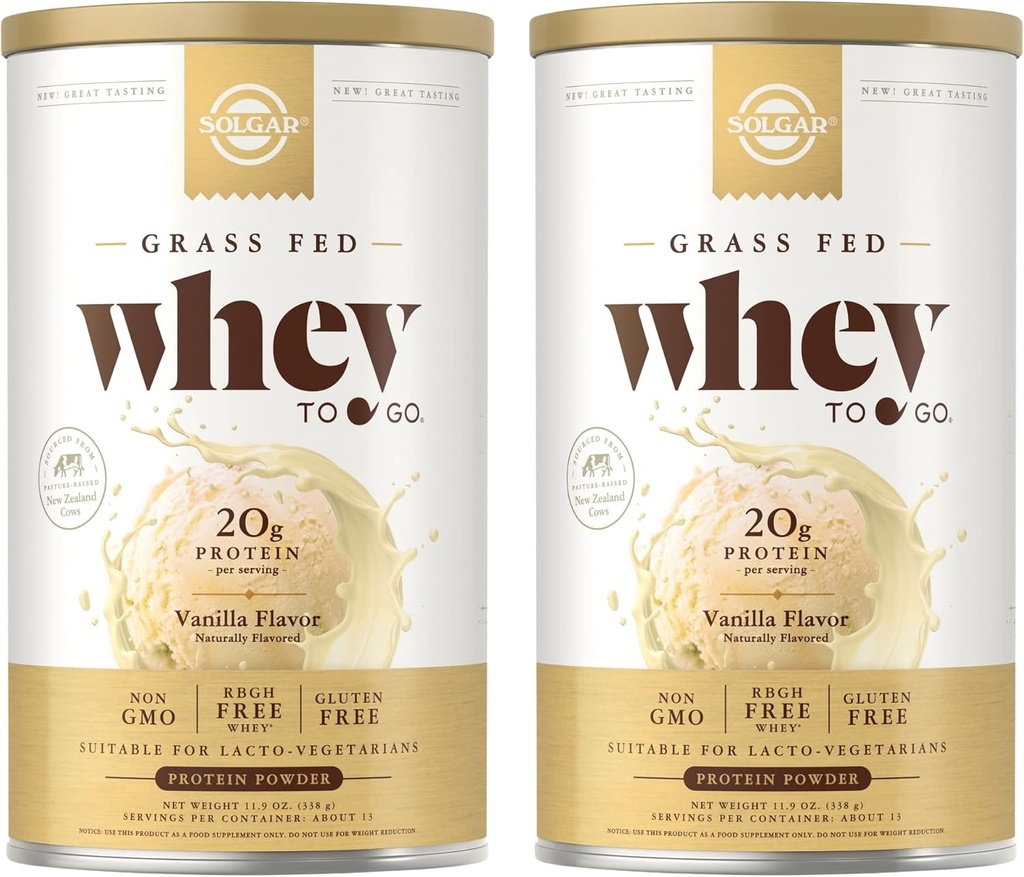 SOLGAR Grass Fed Whey to Go, Vanilla - 11.9 oz, Pack of 2 - Grass-Fed Whey Protein Powder - rBGH Gratis, Non-GMO, Gluten Free - 26 Total Servings