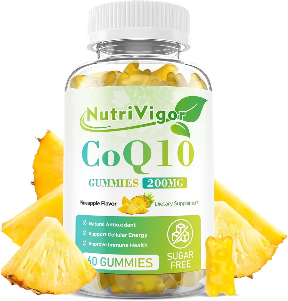 CoQ10 Gummies, Coenzyme Q10 Suplemento 200 mg, High Absorption CoQ10 Suplemento para Energía Celular y Salud Inmune, Vegan, Gluten Free, Pineapple Flavor, 60 Conde